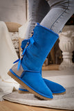 Rhinestone Ribbon Tri-Tie Bow Suede Boots - Blue Ledshopy.com