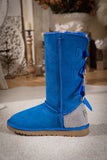 Rhinestone Ribbon Tri-Tie Bow Suede Boots - Blue Ledshopy.com