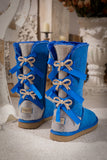 Rhinestone Ribbon Tri-Tie Bow Suede Boots - Blue Ledshopy.com
