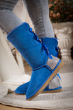 Rhinestone Ribbon Tri-Tie Bow Suede Boots - Blue Ledshopy.com