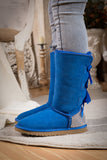 Rhinestone Ribbon Tri-Tie Bow Suede Boots - Blue Ledshopy.com