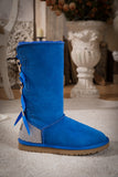 Rhinestone Ribbon Tri-Tie Bow Suede Boots - Blue Ledshopy.com