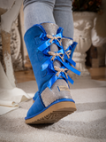 Rhinestone Ribbon Tri-Tie Bow Suede Boots - Blue Ledshopy.com