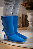 Rhinestone Ribbon Tri-Tie Bow Suede Boots - Blue Ledshopy.com