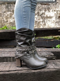 Rivet Strap-Wrapped Moto Boots - Charcoal Ledshopy.com