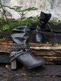 Rivet Strap-Wrapped Moto Boots - Charcoal Ledshopy.com