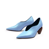 Scalloped Edges-Curve Shaped Leather Pumps - Blue Ledshopy.com