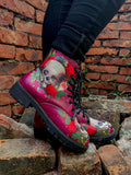 Skull-Rose Red Ankle Flat Combat Boots Ledshopy.com