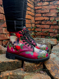 Skull-Rose Red Ankle Flat Combat Boots Ledshopy.com