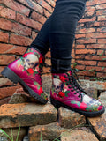 Skull-Rose Red Ankle Flat Combat Boots Ledshopy.com