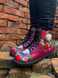 Skull-Rose Red Ankle Flat Combat Boots Ledshopy.com