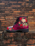 Skull-Rose Red Ankle Flat Combat Boots Ledshopy.com