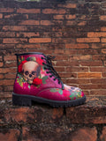 Skull-Rose Red Ankle Flat Combat Boots Ledshopy.com