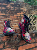 Skull-Rose Red Ankle Flat Combat Boots Ledshopy.com