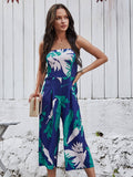 Strapless Palm Print Jumpsuit - Navy Ledshopy.com