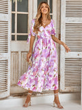 Tanya Painting Floral Short Sleeve Maxi Dress - Purple Ledshopy.com