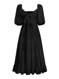 Under The Tuscan Back Tie Bow Puff Sleeve Mid Dress - Black Ledshopy.com