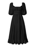 Under The Tuscan Back Tie Bow Puff Sleeve Mid Dress - Black Ledshopy.com