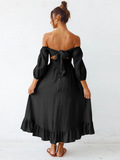 Under The Tuscan Back Tie Bow Puff Sleeve Mid Dress - Black Ledshopy.com