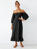 Under The Tuscan Back Tie Bow Puff Sleeve Mid Dress - Black Ledshopy.com