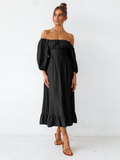 Under The Tuscan Back Tie Bow Puff Sleeve Mid Dress - Black Ledshopy.com