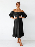 Under The Tuscan Back Tie Bow Puff Sleeve Mid Dress - Black Ledshopy.com