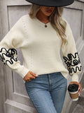 Hadi Swirl Embroidered Sleeve Knit Sweater - Cream