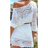 White Boho Sexy Lace Hollow Knit Bikini Swimwear Cover up Crochet Beach Dress