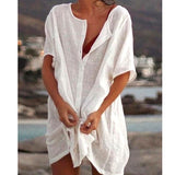 Cover-up Linen Dress Loose Short Sleeve Deep V-neck Solid Color Mini Party Dress